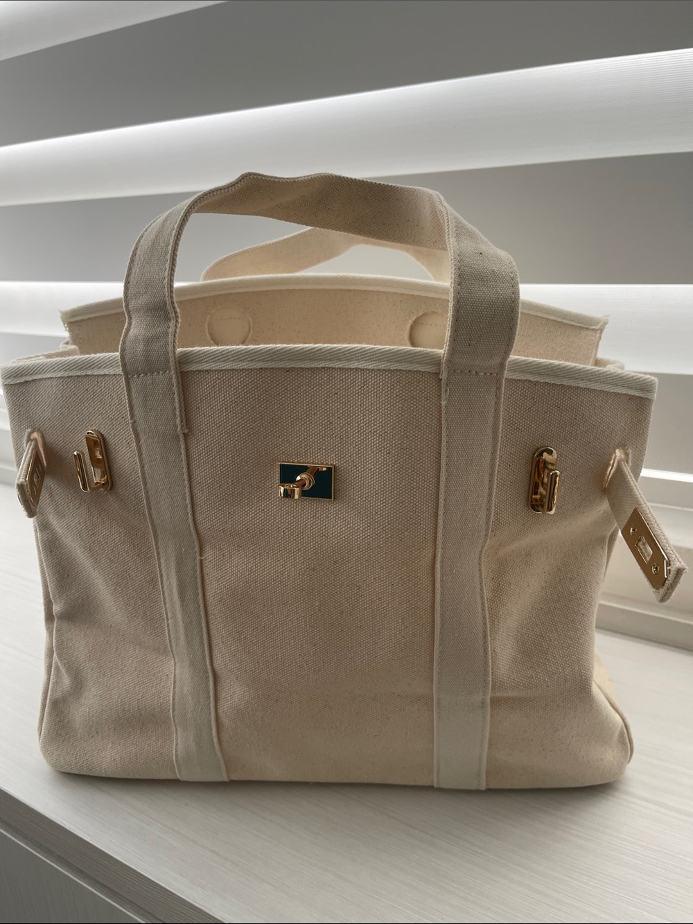 Canvas Tote Bag in Cream with Gold Hardware - Picture 8 of 10